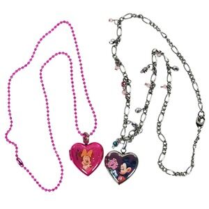 Disney Mickey Minnie Mouse Heart Locket Necklace Set of 2 Pink Silver Tone Kids